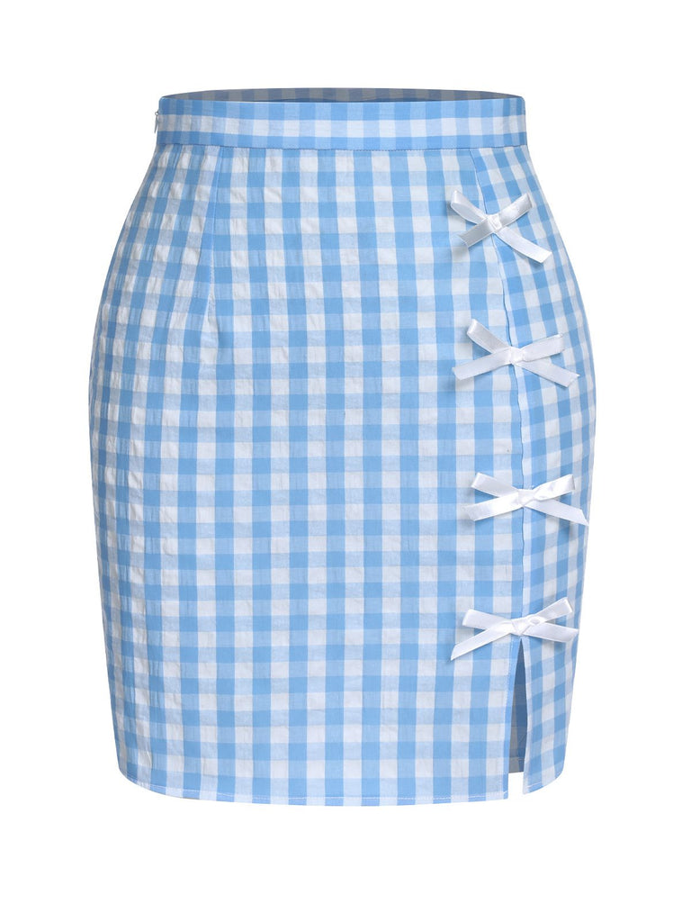 2PCS top volant e gonna fiocco scozzese blu anni '60