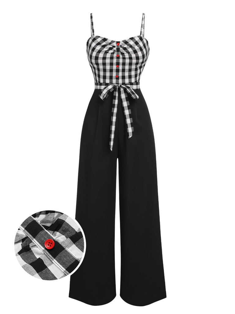 Tuta lunga plaid spalline sottili patchwork nero anni '40