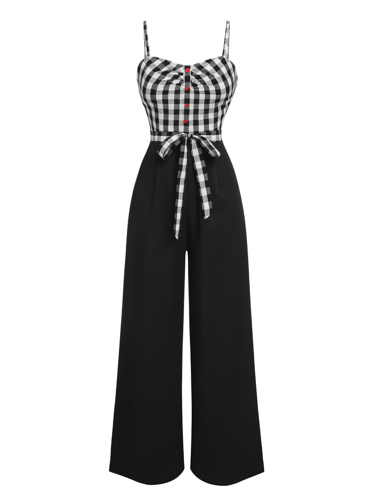Tuta lunga plaid spalline sottili patchwork nero anni '40