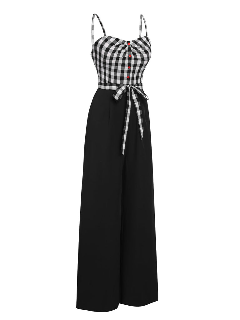 Tuta lunga plaid spalline sottili patchwork nero anni '40