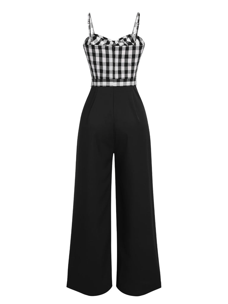 Tuta lunga plaid spalline sottili patchwork nero anni '40