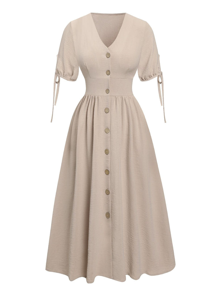 Abito con scollo a V e bottoni beige anni '40