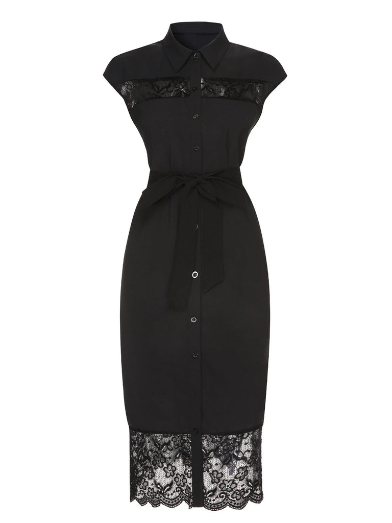 Abito in pizzo con cintura tinta unita nero anni '40