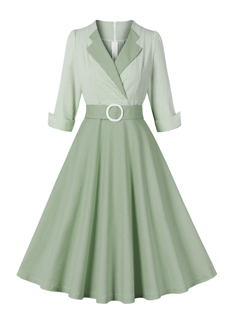 Abito con cintura arrotolabile plaid grigio verde pisello anni '50