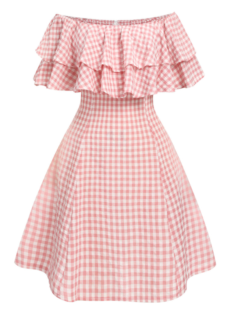 Abito plaid volant e spalle scoperte rosa anni '50