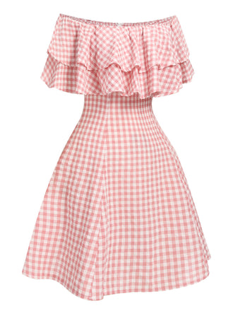 Abito plaid volant e spalle scoperte rosa anni '50