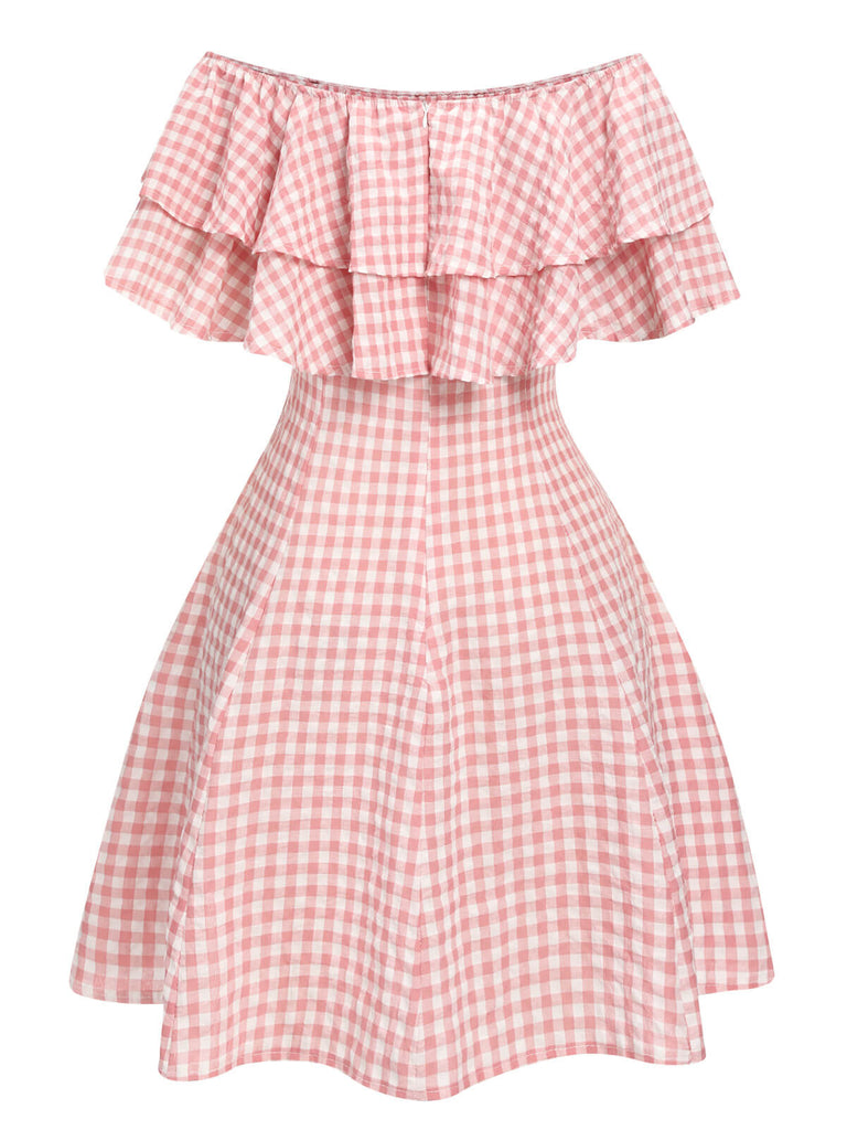 Abito plaid volant e spalle scoperte rosa anni '50