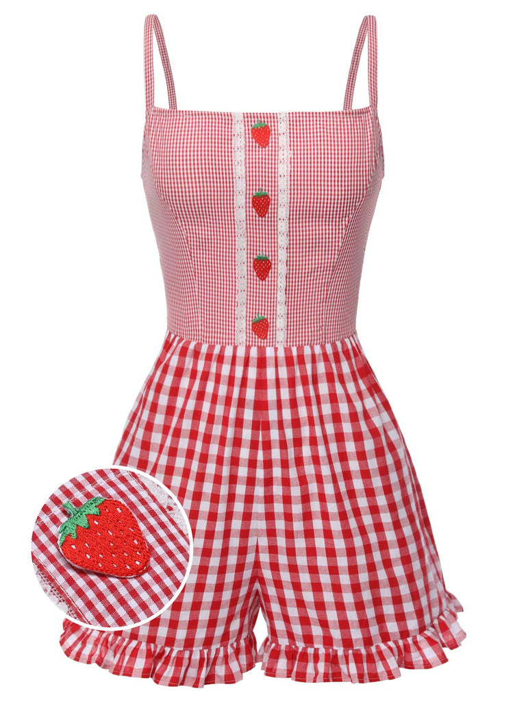 Tuta corta a fragola plaid spalline sottili rosso anni '50