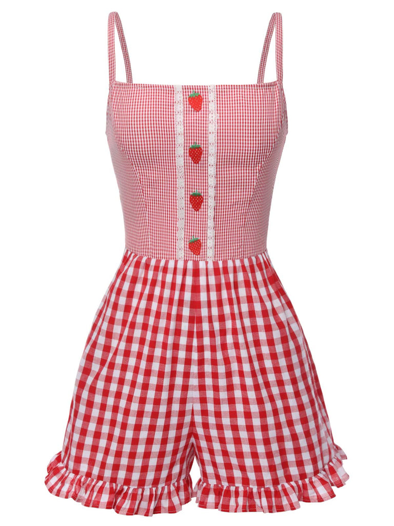 Tuta corta a fragola plaid spalline sottili rosso anni '50