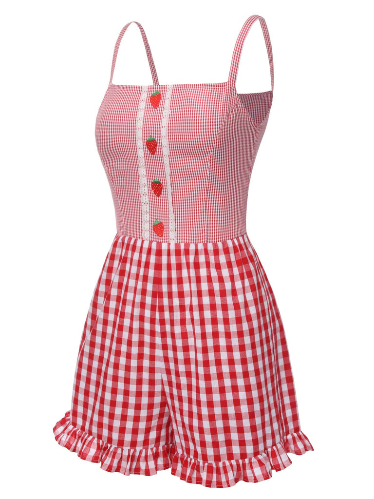 Tuta corta a fragola plaid spalline sottili rosso anni '50