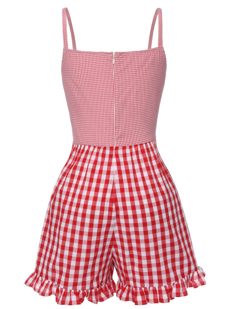 Tuta corta a fragola plaid spalline sottili rosso anni '50
