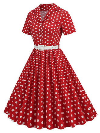 Abito con cintura e revers a pois rosso anni '50