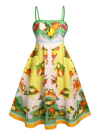 Abito midi con stampa di limone multicolore anni '40