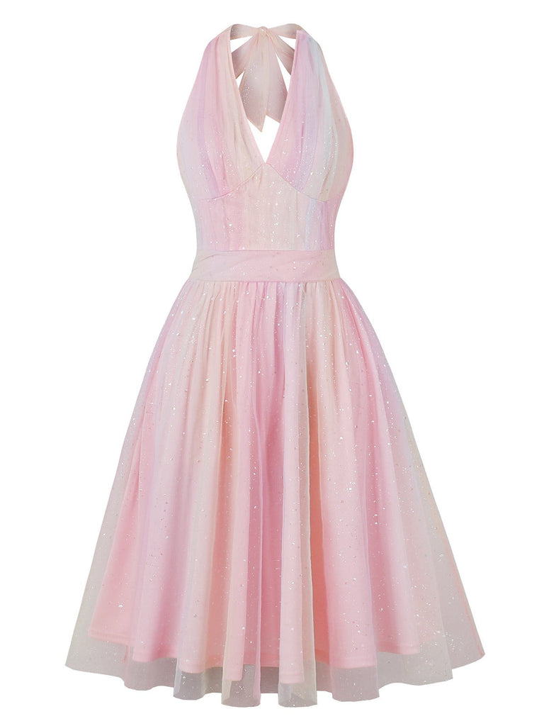 Abito con paillettes in rete e scollo all'americana rosa anni '50