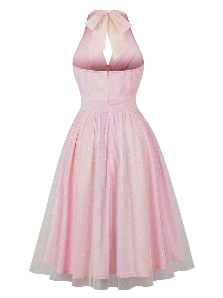 Abito con paillettes in rete e scollo all'americana rosa anni '50