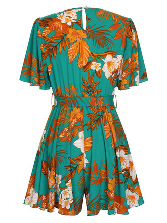 Tuta corta maniche a balze stampa vegetali verde anni '70