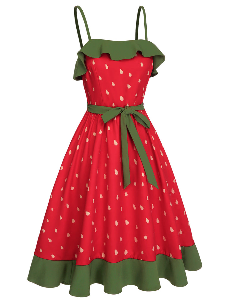 Abito a balze e fragole cintura rosso anni '50