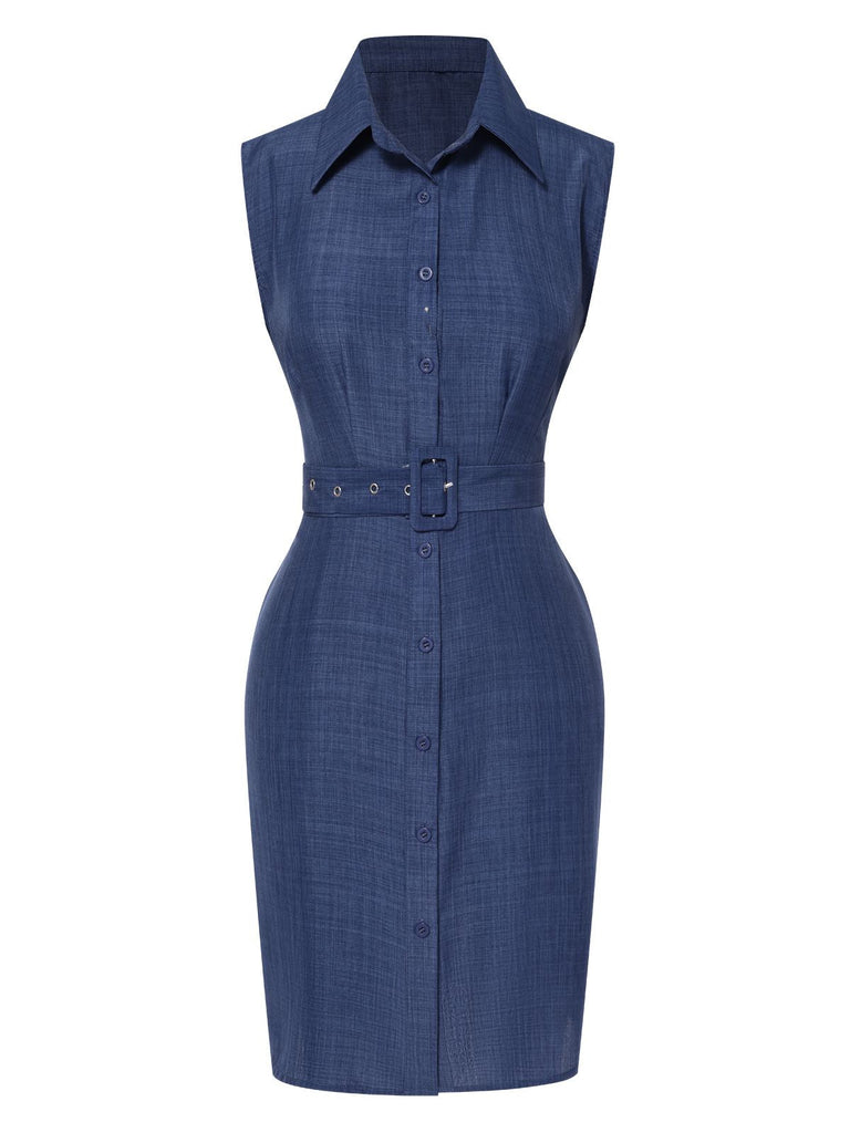 Abito con revers e cintura senza maniche blu anni '60