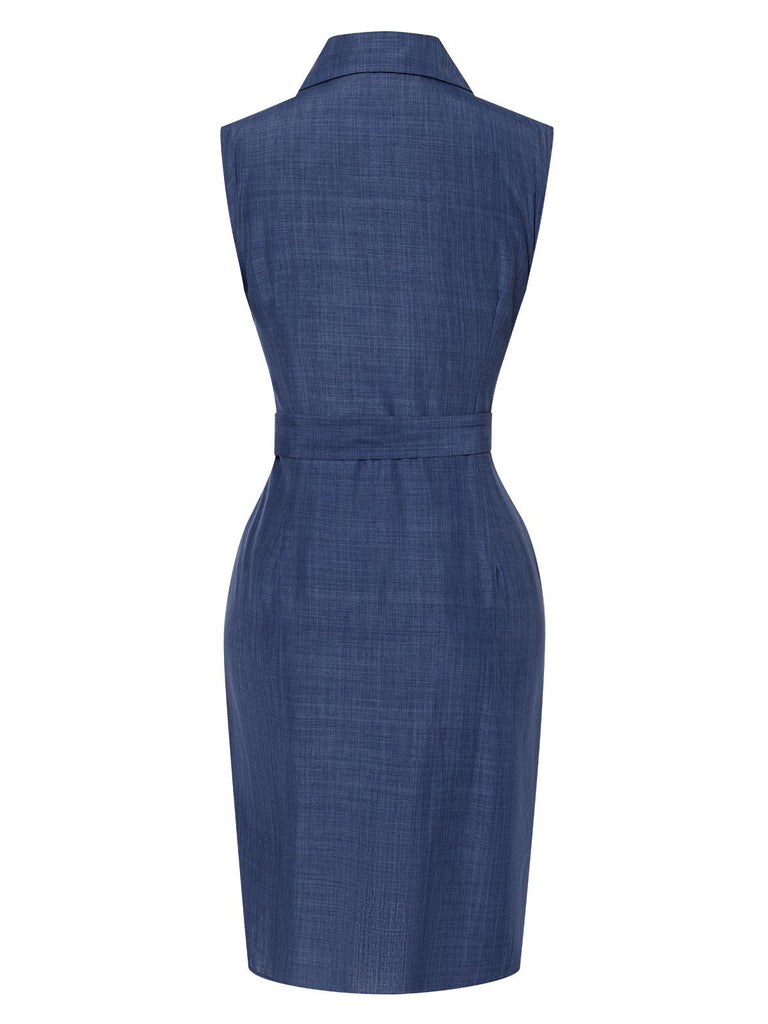 Abito con revers e cintura senza maniche blu anni '60