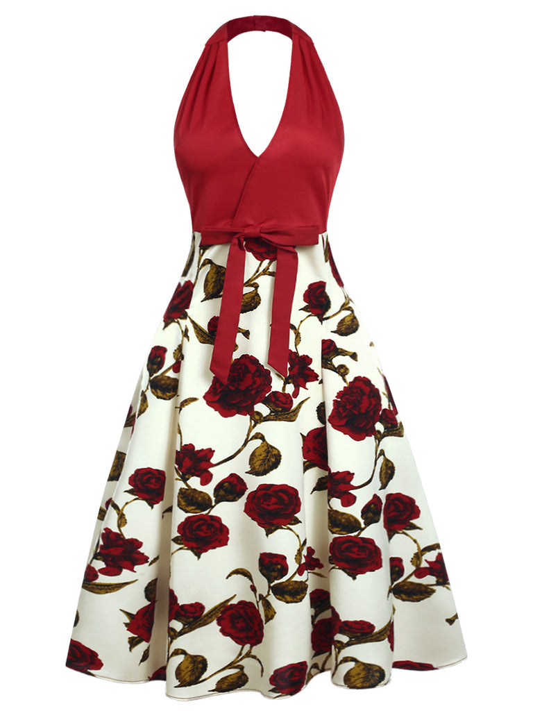Abito con scollo all'americana e rose fiocco rosso anni '50