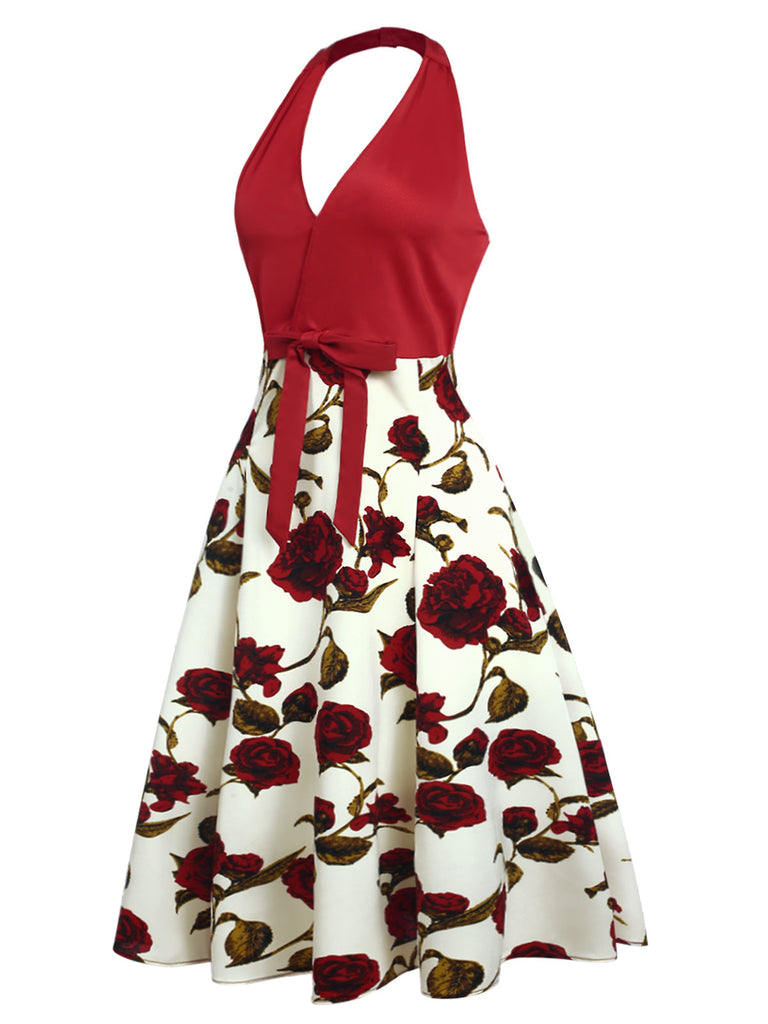 Abito con scollo all'americana e rose fiocco rosso anni '50