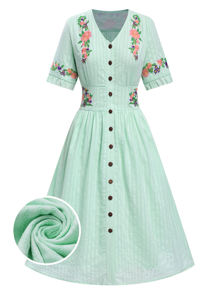 Abito in puro cotone floreale scollo a V nero anni '40
