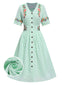 Abito floreale scollo a V in puro cotone verde menta anni '40