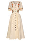 Abito floreale scollo a V in puro cotone beige anni '40
