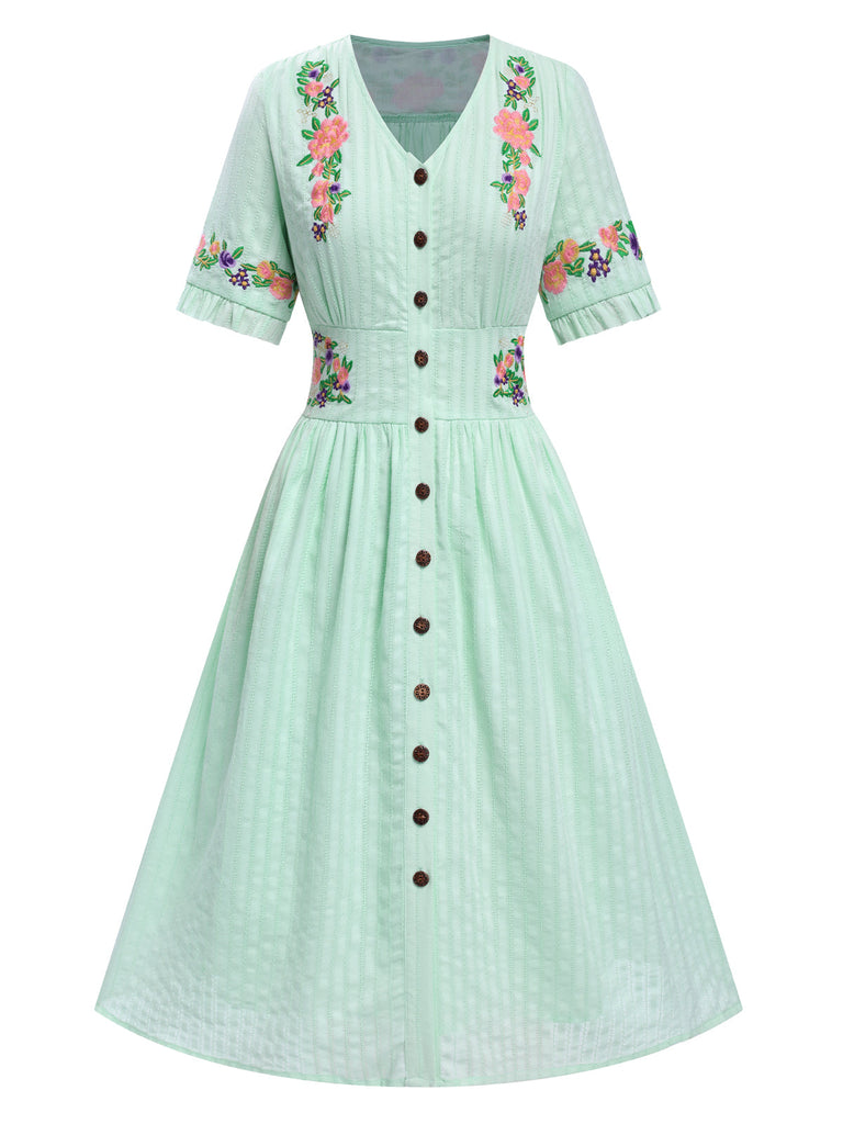 Abito in puro cotone floreale scollo a V nero anni '40