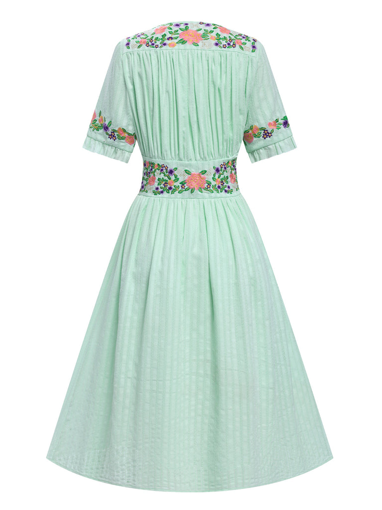 Abito in puro cotone floreale scollo a V nero anni '40