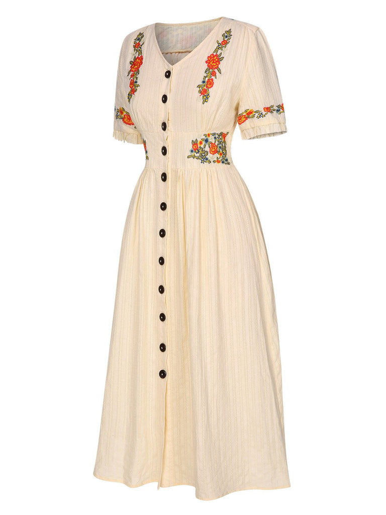 Abito in puro cotone floreale scollo a V nero anni '40