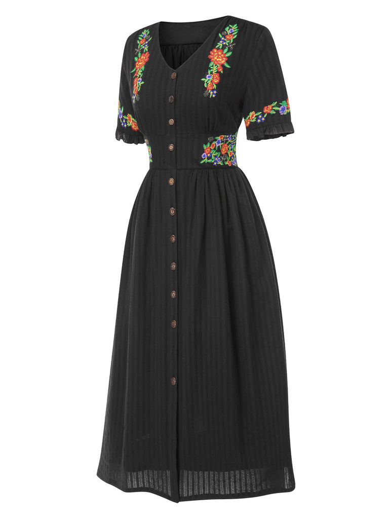 Abito in puro cotone floreale scollo a V nero anni '40
