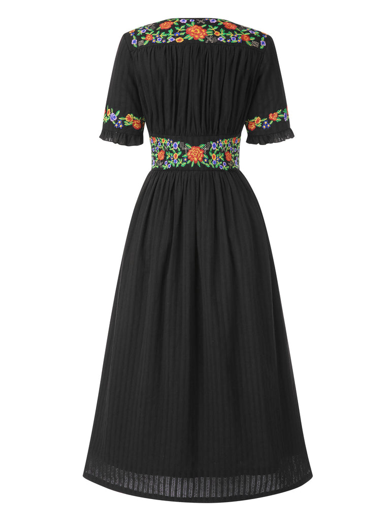 Abito in puro cotone floreale scollo a V nero anni '40