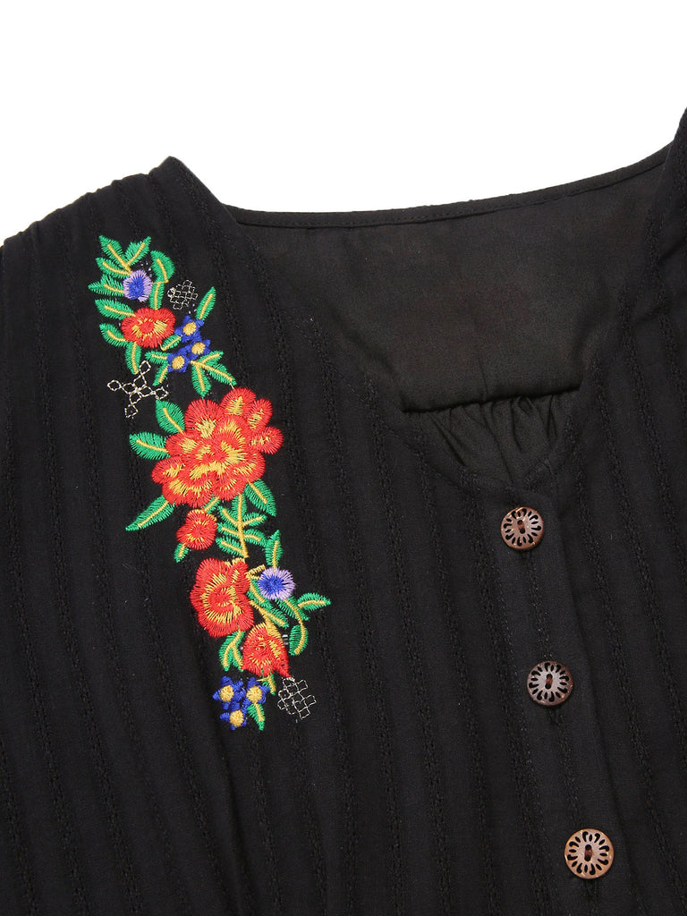 Abito in puro cotone floreale scollo a V nero anni '40