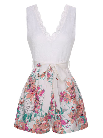 Tuta corta scollo a V in pizzo floreale bianco anni '40