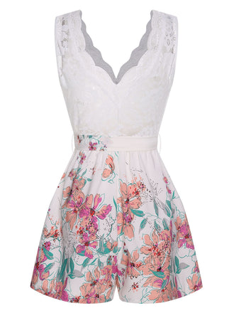 Tuta corta scollo a V in pizzo floreale bianco anni '40