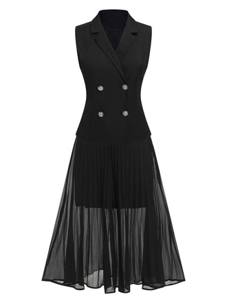 2PCS Canotta scollo a V e gonna a pieghe nero anni '60