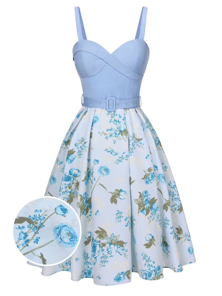 Abito con cintura e spalline sottili blu anni '50