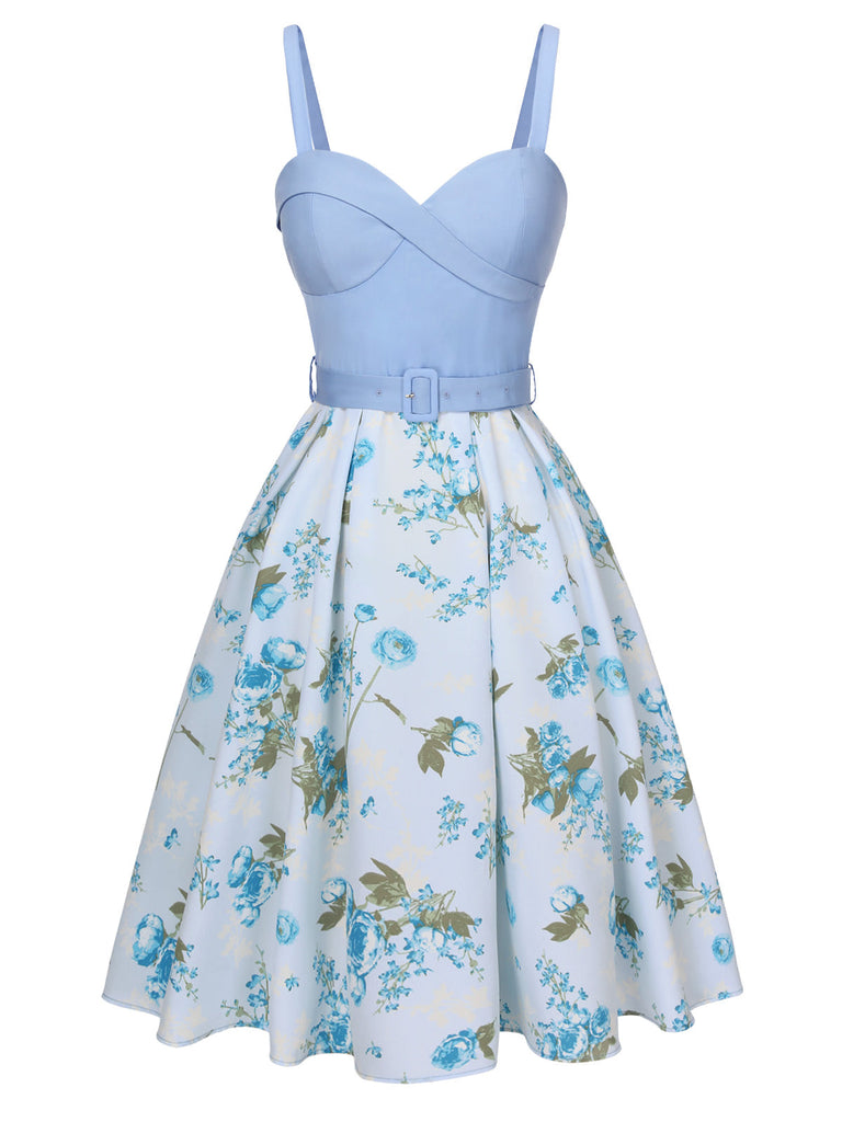 Abito con cintura e spalline sottili blu anni '50