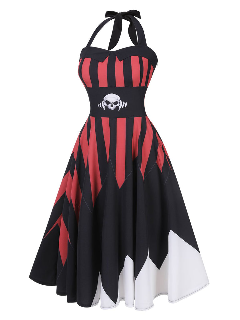Abito con teschio scollo all'americana Halloween nero anni '50