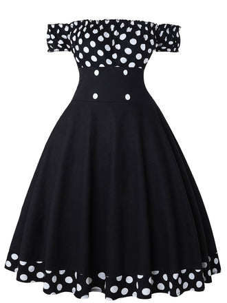 Abito a pois con spalle scoperte nero anni '50