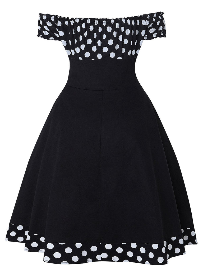 Abito a pois con spalle scoperte nero anni '50
