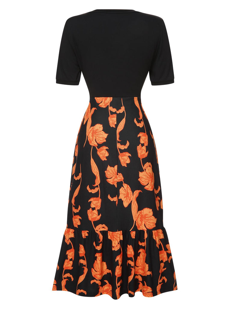 Abito patchwork floreale con scollatura irregolare nero anni '30