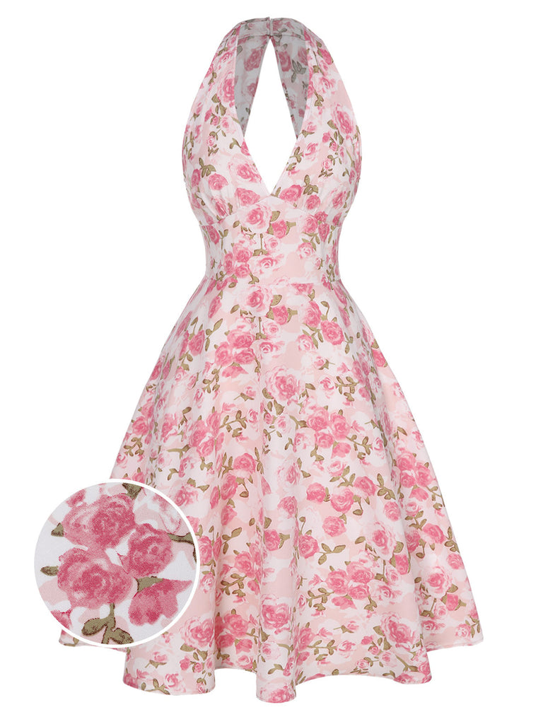 Abito scollo a V floreale rosa anni '50