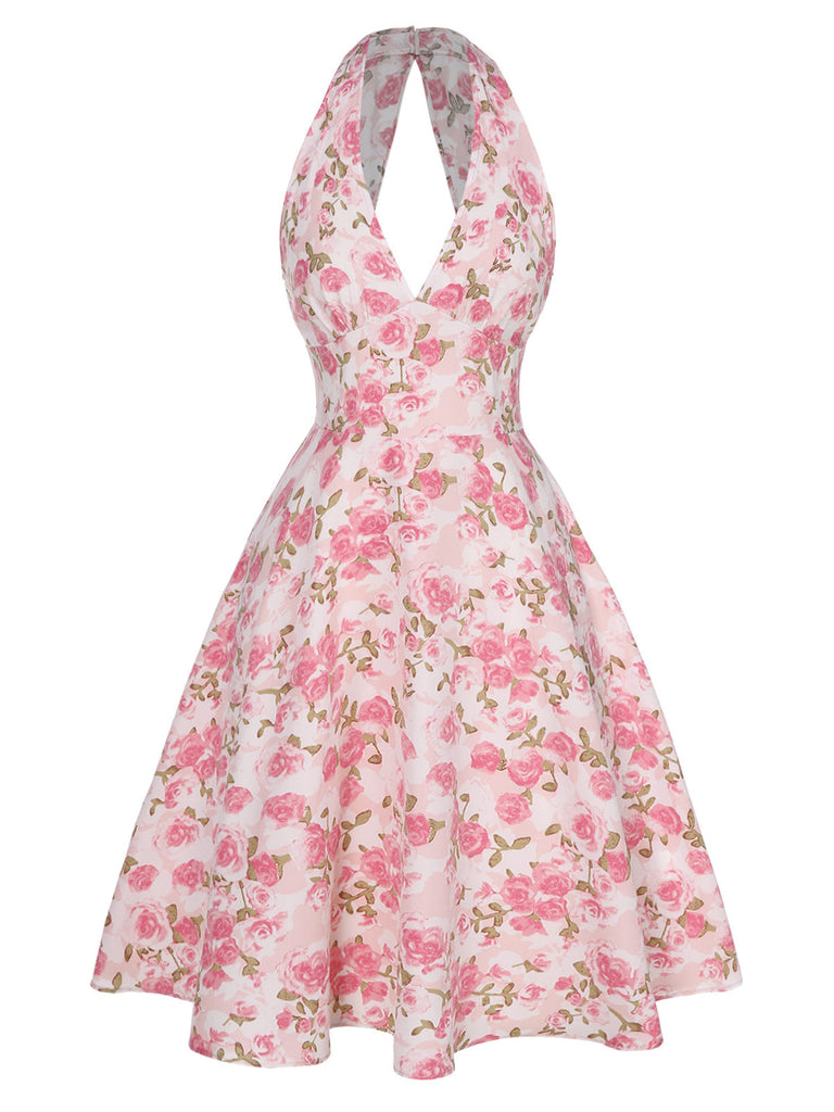 Abito scollo a V floreale rosa anni '50