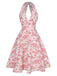 Abito scollo a V floreale rosa anni '50
