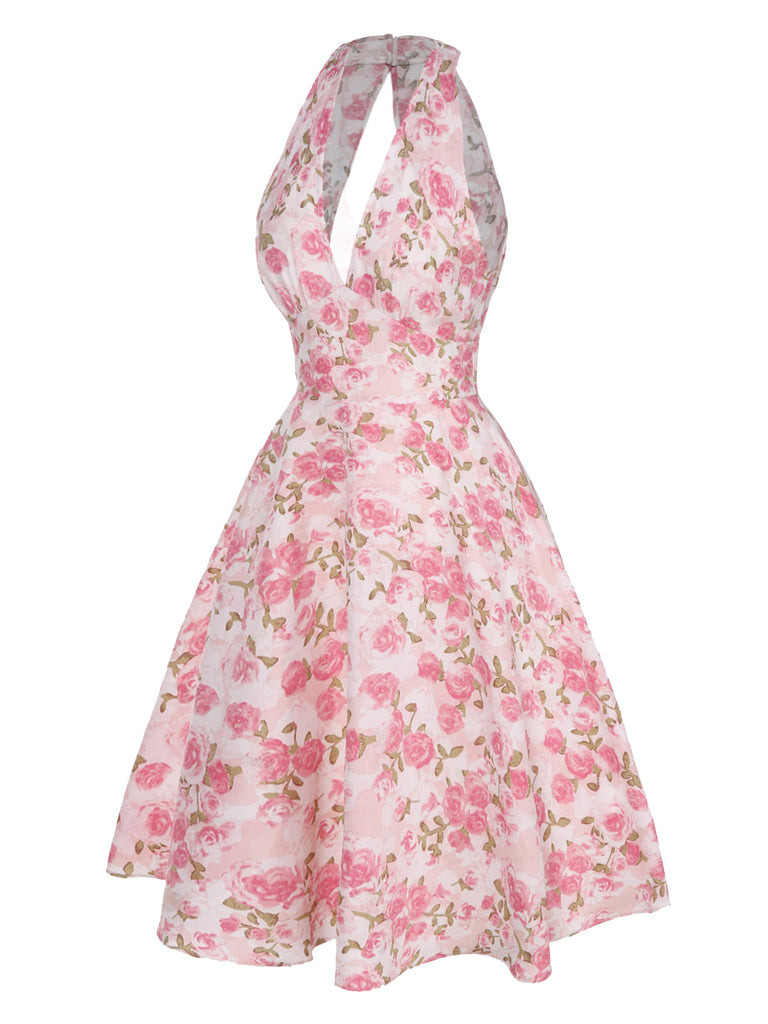 Abito scollo a V floreale rosa anni '50