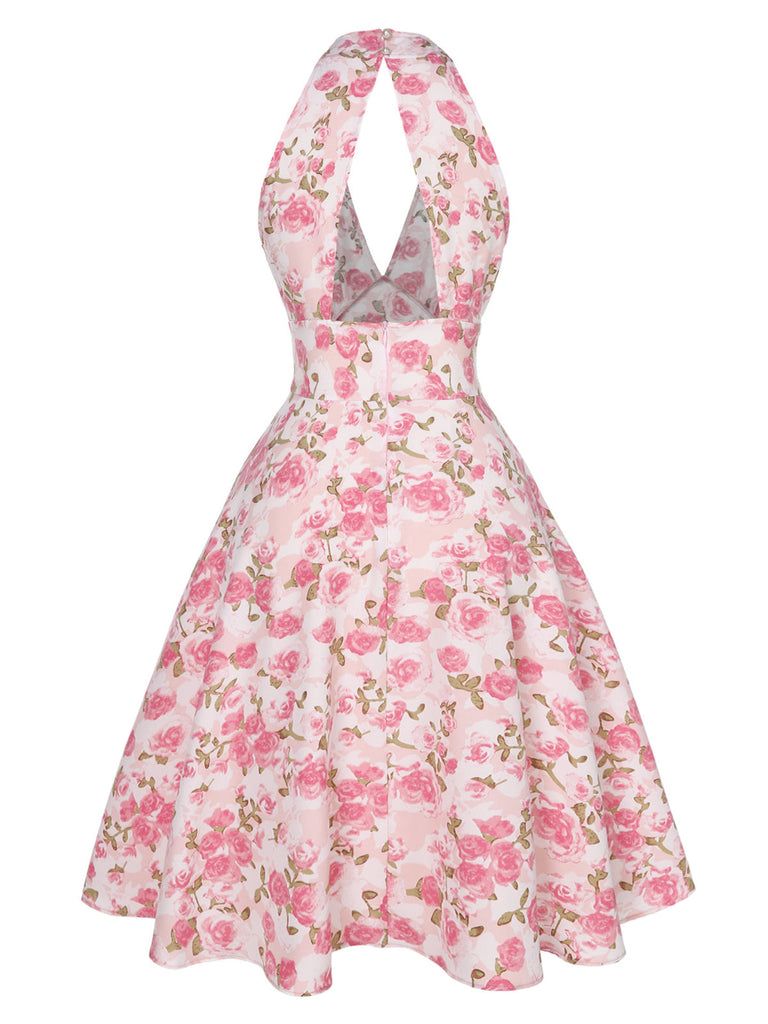 Abito scollo a V floreale rosa anni '50