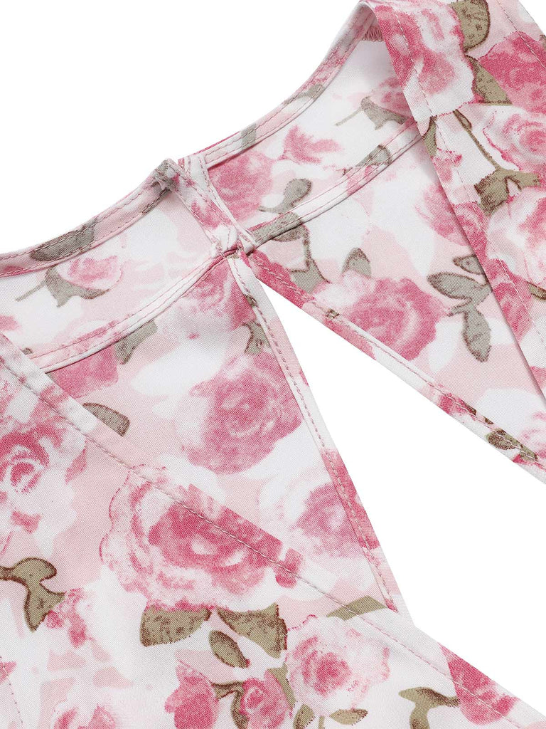 Abito scollo a V floreale rosa anni '50