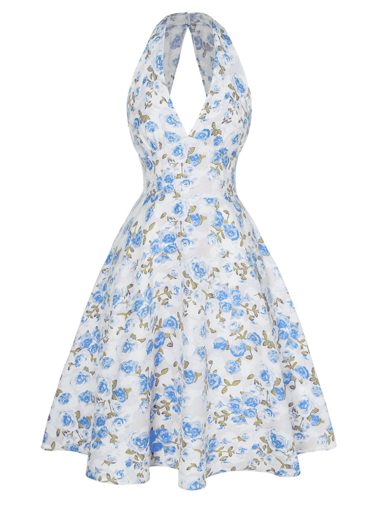 Abito scollo a V floreale rosa anni '50